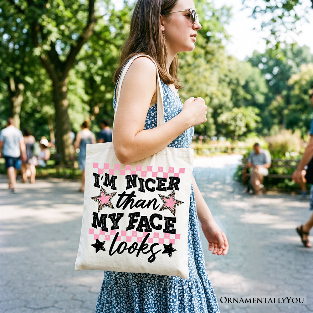 I’m Nicer Than My Face Looks Sarcastic Tote Bag, Relatable Checkered Gift Shopper