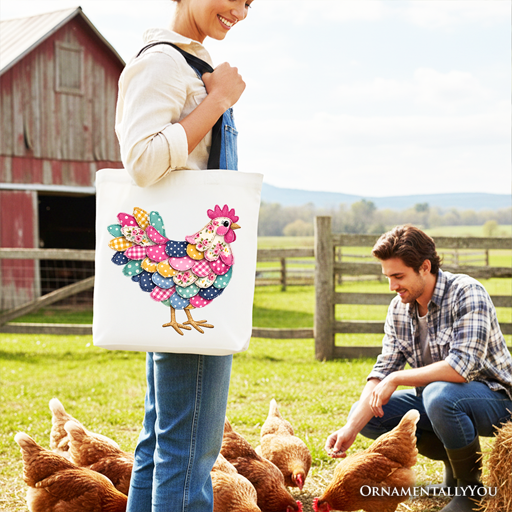 Floral Chicken Printed Faux Patchwork Tote Bag, Coquette Hen Farmhouse Gift Shopper