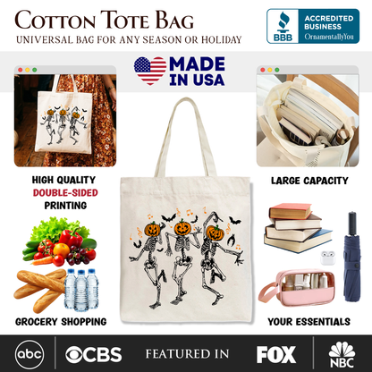 Dancing Skeletons with Pumpkin Head Tote Bag, Dry Bones Come Alive Halloween Fun Gift Shopper