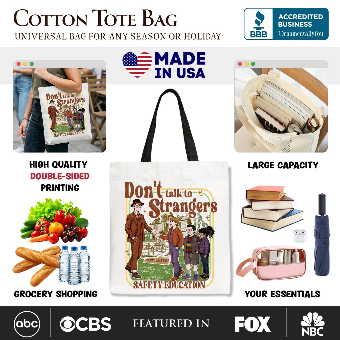 Don't Talk to Strangers Safety Education Tote Bag, Retro Funny Gift Shopper