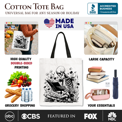 Gothic Reading Skeleton Tote Bag, Floral Halloween Gift Shopper for Spooky Bookworms