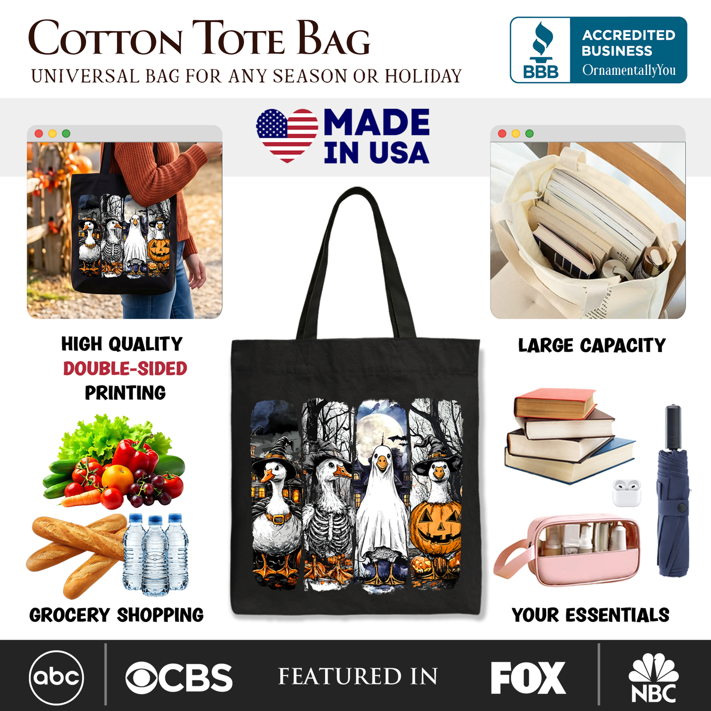 Halloween Goose in Costume Tote Bag, Spooky Fall Geese Gift Shopper for Bird Enjoyers