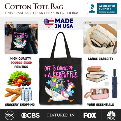 Off To Cause A Kerfuffle Tote Bag, Frog Raccoon Goose Funny Animal Gift Shopper