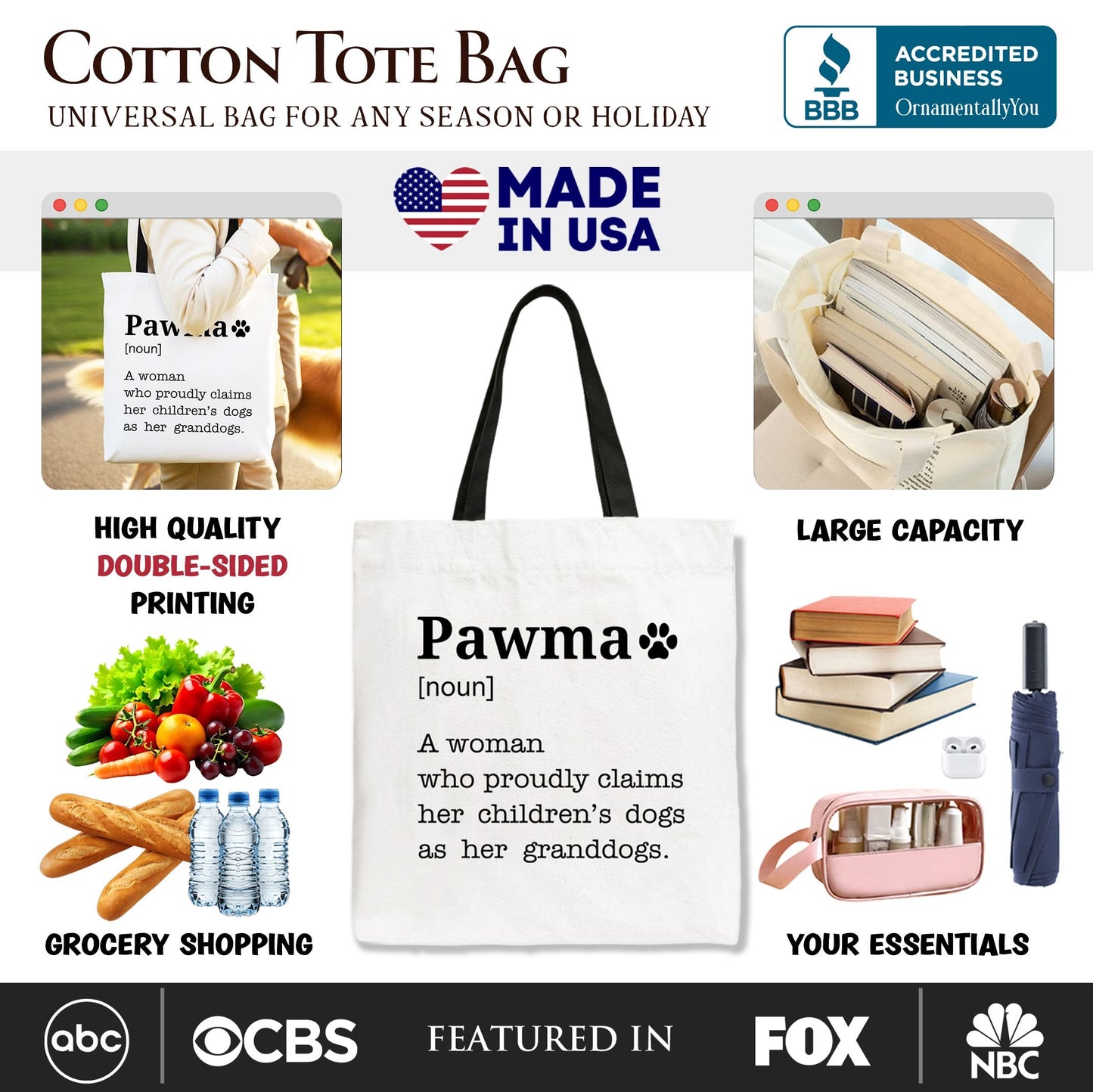 Pawma Definition Canvas Tote Bag, Funny Dog Lovers Mom Gift Shopper