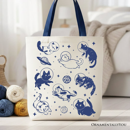 Cats in Space Retro Canvas Tote Bag, Funny Astronaut Kitty Gift Bag with Cosmic Vibes