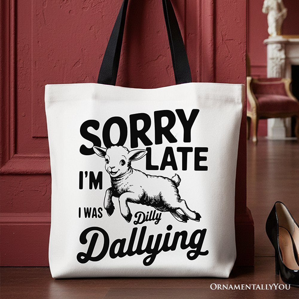 Sorry I'm Late Funny Lamb Tote Bag, Retro Dilly Dallying Gift Shopper for Quirky Women