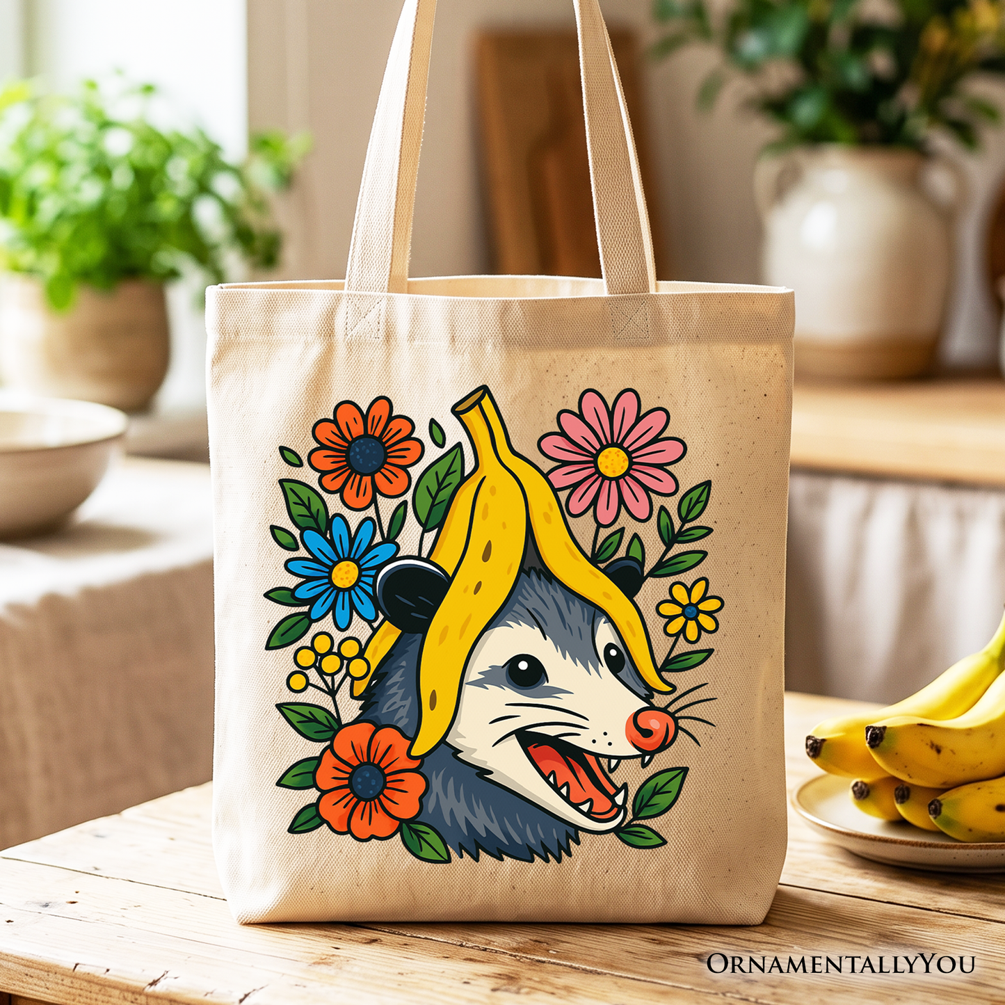 Banana Possum Floral Tote Bag, Funny Animal Gift Shopper