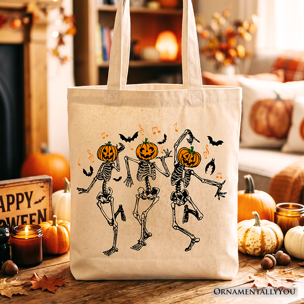 Dancing Skeletons with Pumpkin Head Tote Bag, Dry Bones Come Alive Halloween Fun Gift Shopper