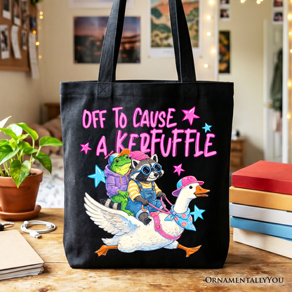 Off To Cause A Kerfuffle Tote Bag, Frog Raccoon Goose Funny Animal Gift Shopper