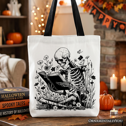 Gothic Reading Skeleton Tote Bag, Floral Halloween Gift Shopper for Spooky Bookworms