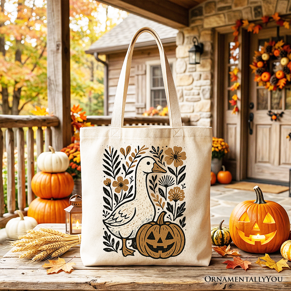 Boho Goose Halloween Pumpkin Tote Bag, Spooky Fall Floral Gift Shopper