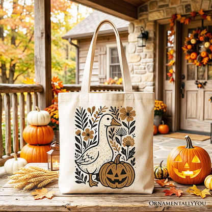 Boho Goose Halloween Pumpkin Tote Bag, Spooky Fall Floral Gift Shopper