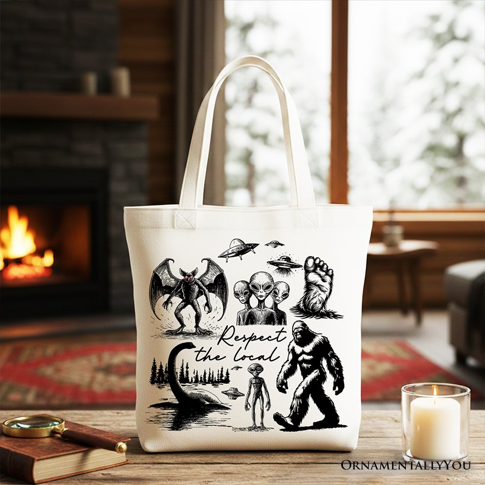 Respect The Local Cryptid Squad Canvas Canvas Tote Bag, Funny Bigfoot Alien Mothman Meme Gift Shopper