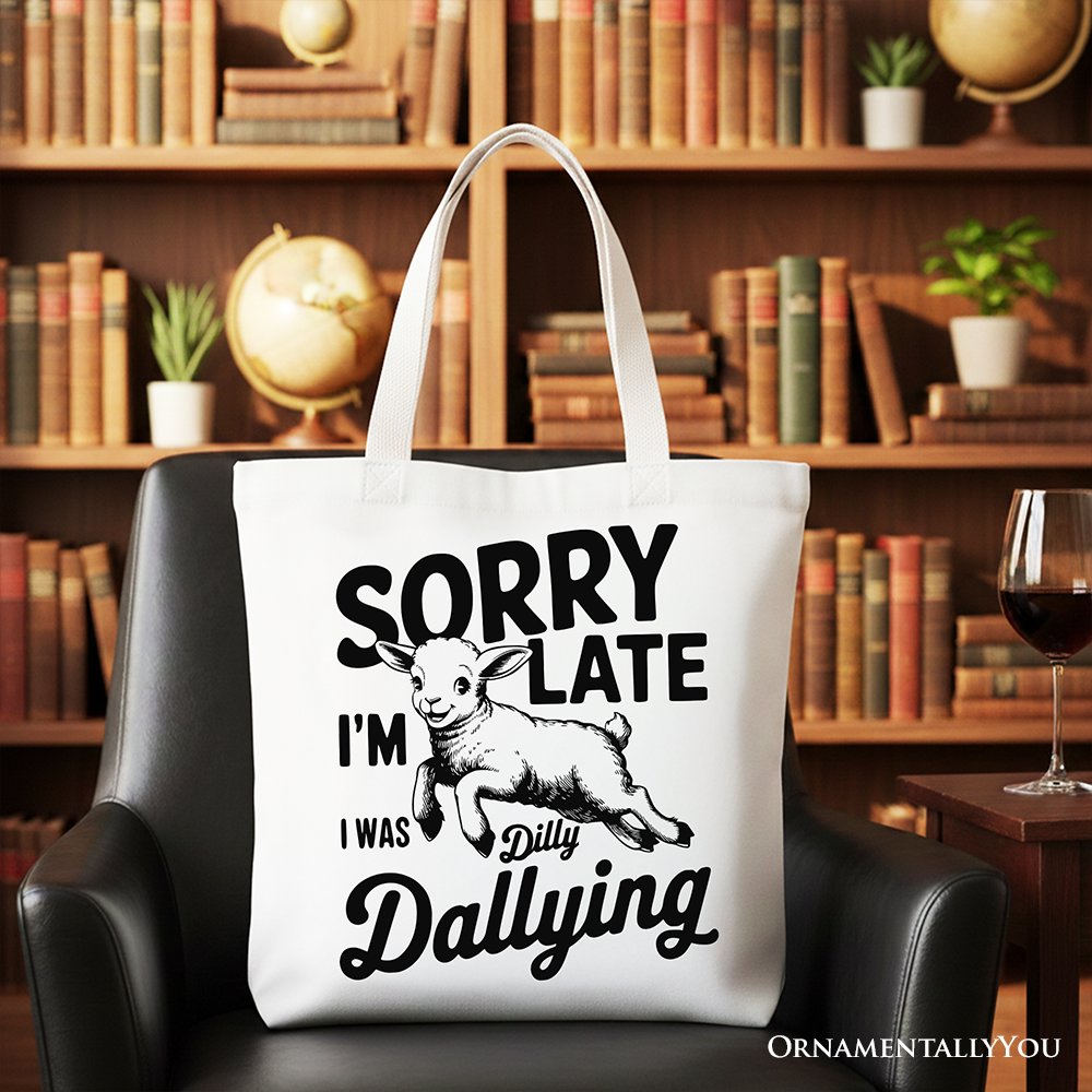 Sorry I'm Late Funny Lamb Tote Bag, Retro Dilly Dallying Gift Shopper for Quirky Women