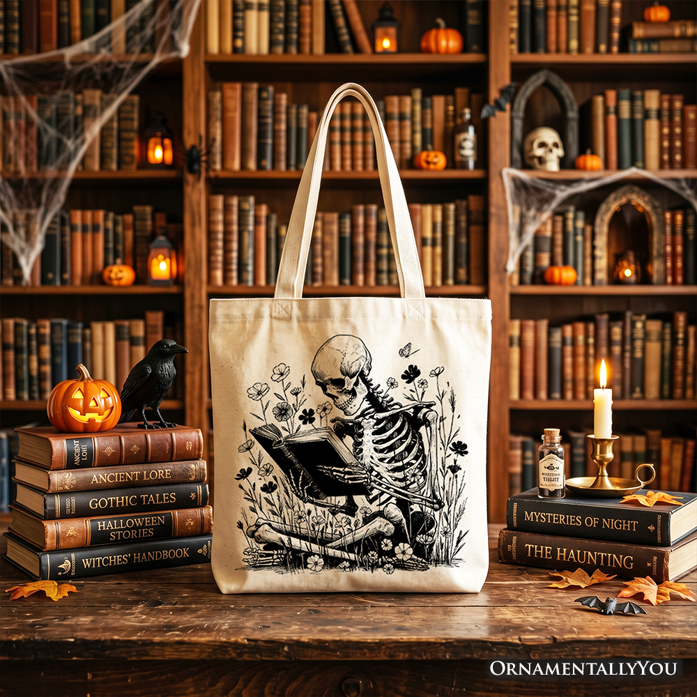 Gothic Reading Skeleton Tote Bag, Floral Halloween Gift Shopper for Spooky Bookworms