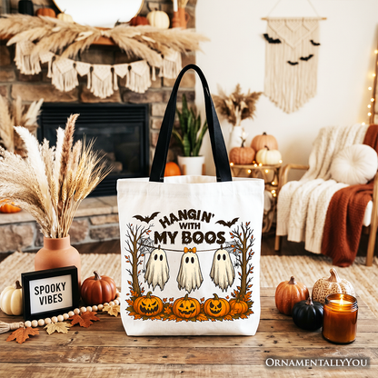 Boho Spooky Season Ghost Tote Bag, Cute Halloween Gift Shopper with Fall Pumpkins
