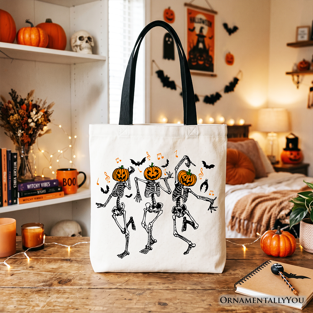 Dancing Skeletons with Pumpkin Head Tote Bag, Dry Bones Come Alive Halloween Fun Gift Shopper