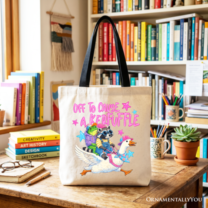 Off To Cause A Kerfuffle Tote Bag, Frog Raccoon Goose Funny Animal Gift Shopper