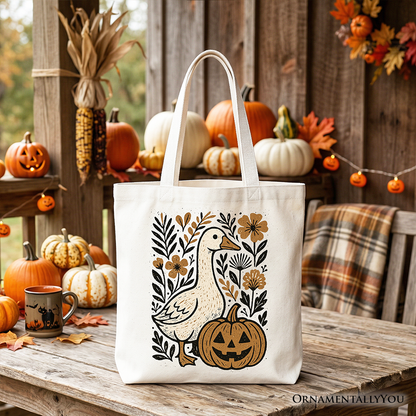 Boho Goose Halloween Pumpkin Tote Bag, Spooky Fall Floral Gift Shopper