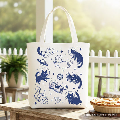 Cats in Space Retro Canvas Tote Bag, Funny Astronaut Kitty Gift Bag with Cosmic Vibes