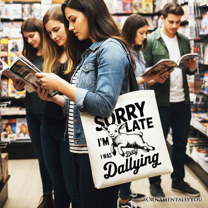 Sorry I'm Late Funny Lamb Tote Bag, Retro Dilly Dallying Gift Shopper for Quirky Women