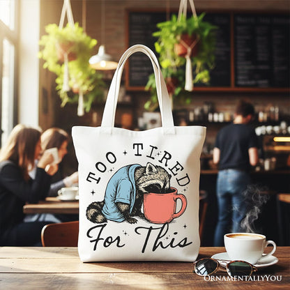Too Tired For This Funny Raccoon Canvas Tote Bag, Retro Snarky Coffee Printed Gift Bag
