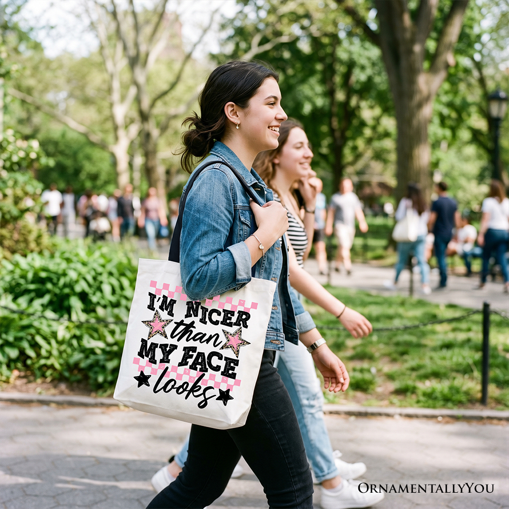 I’m Nicer Than My Face Looks Sarcastic Tote Bag, Relatable Checkered Gift Shopper