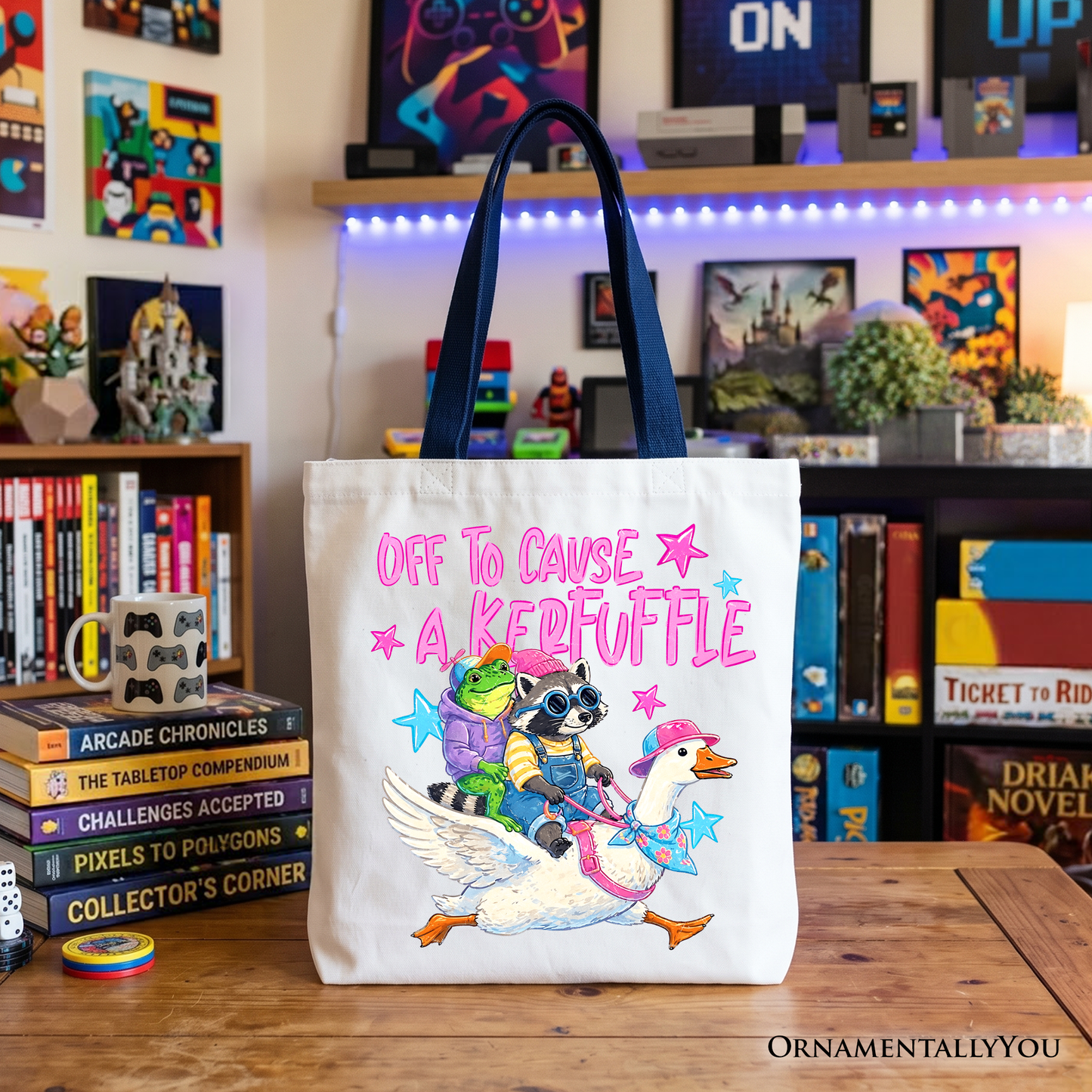 Off To Cause A Kerfuffle Tote Bag, Frog Raccoon Goose Funny Animal Gift Shopper