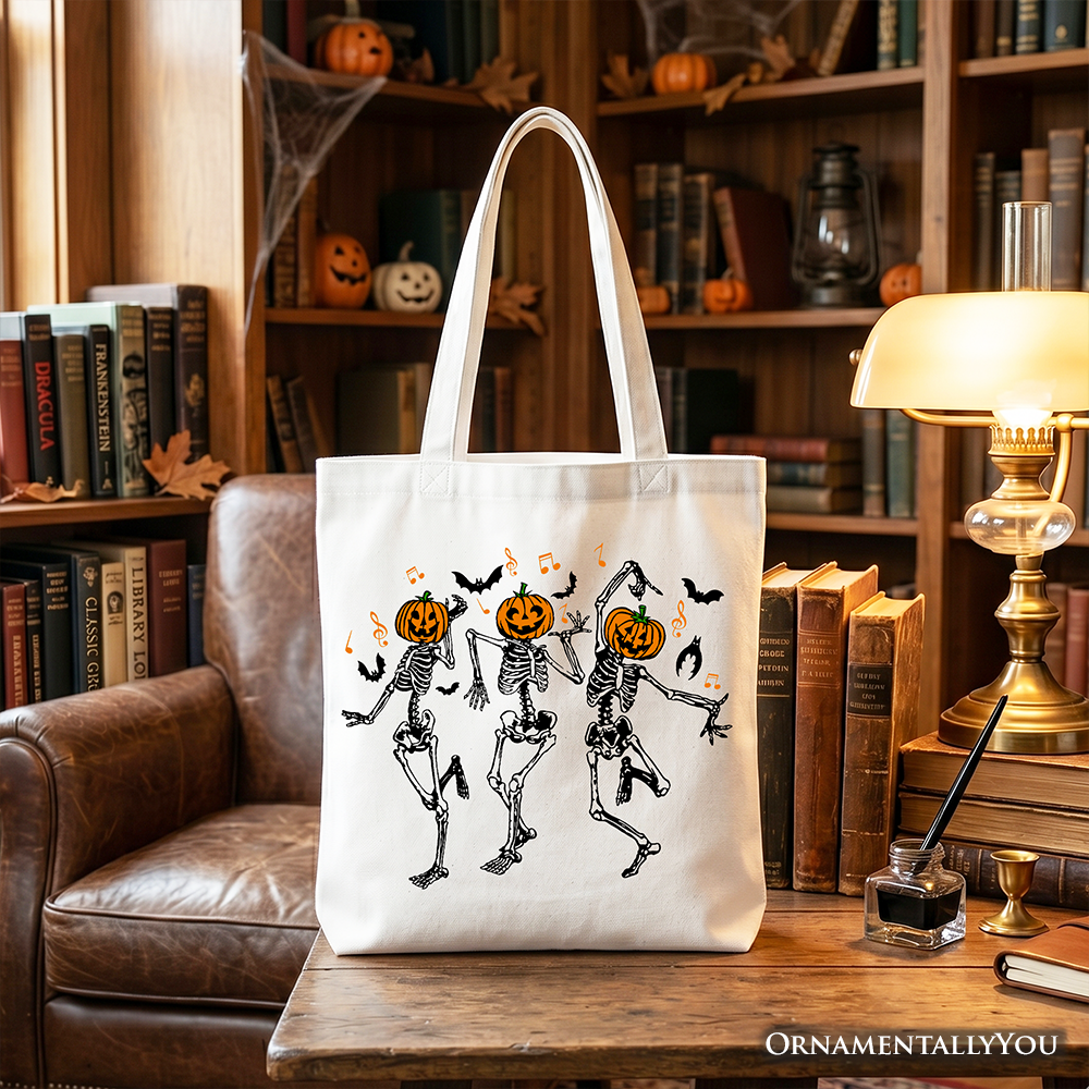 Dancing Skeletons with Pumpkin Head Tote Bag, Dry Bones Come Alive Halloween Fun Gift Shopper