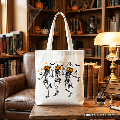 Dancing Skeletons with Pumpkin Head Tote Bag, Dry Bones Come Alive Halloween Fun Gift Shopper