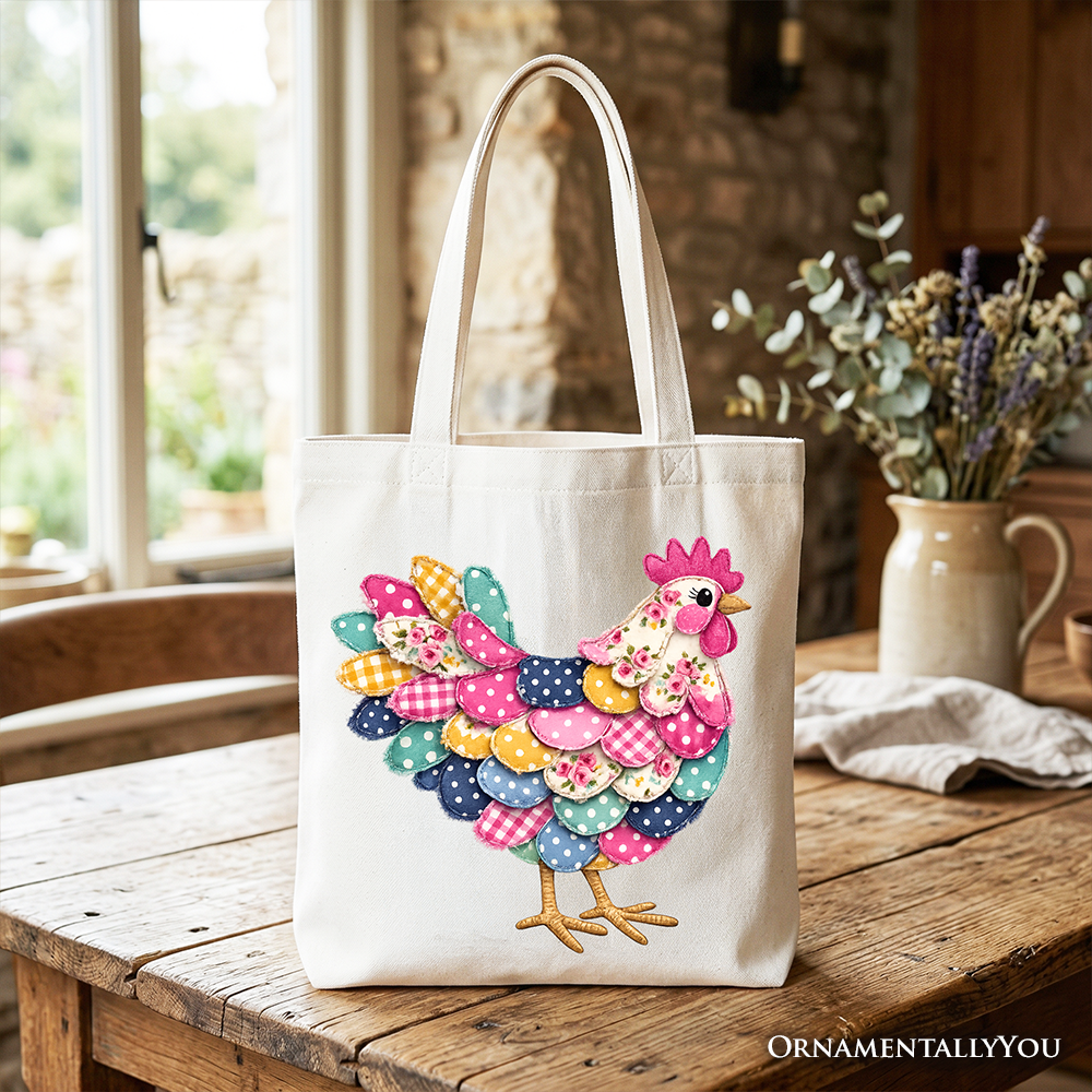 Floral Chicken Printed Faux Patchwork Tote Bag, Coquette Hen Farmhouse Gift Shopper