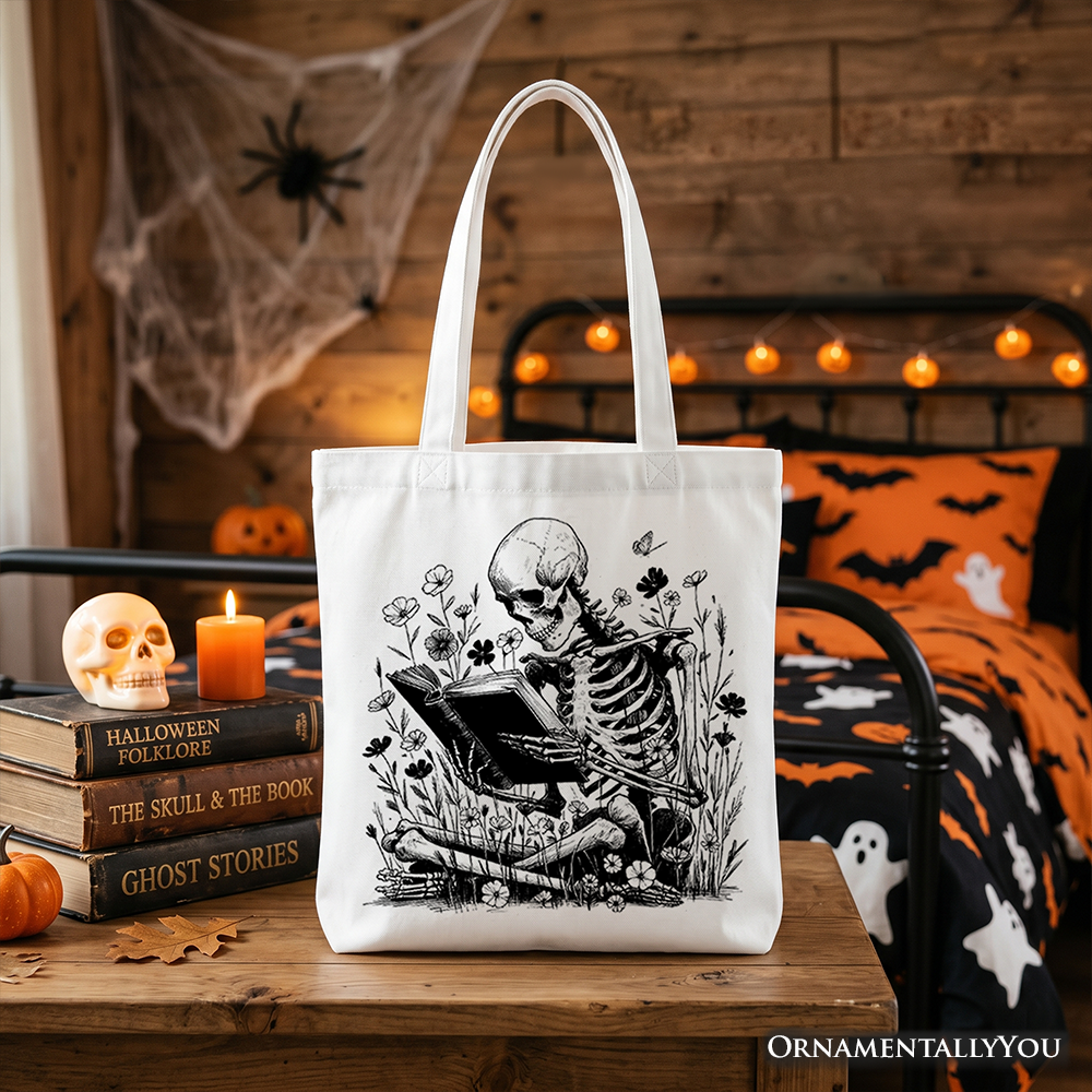 Gothic Reading Skeleton Tote Bag, Floral Halloween Gift Shopper for Spooky Bookworms