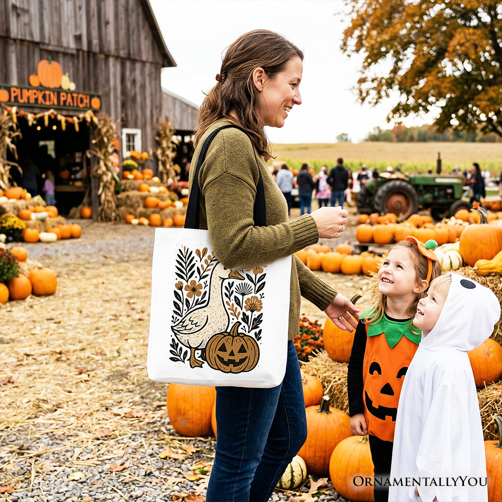 Boho Goose Halloween Pumpkin Tote Bag, Spooky Fall Floral Gift Shopper