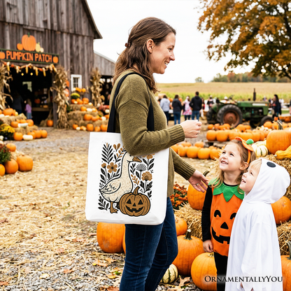 Boho Goose Halloween Pumpkin Tote Bag, Spooky Fall Floral Gift Shopper