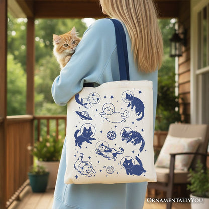 Cats in Space Retro Canvas Tote Bag, Funny Astronaut Kitty Gift Bag with Cosmic Vibes