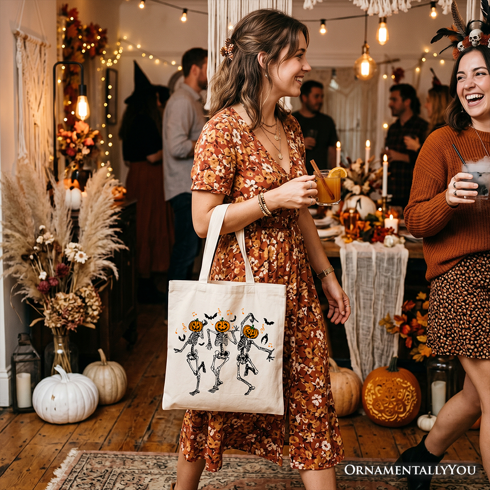 Dancing Skeletons with Pumpkin Head Tote Bag, Dry Bones Come Alive Halloween Fun Gift Shopper