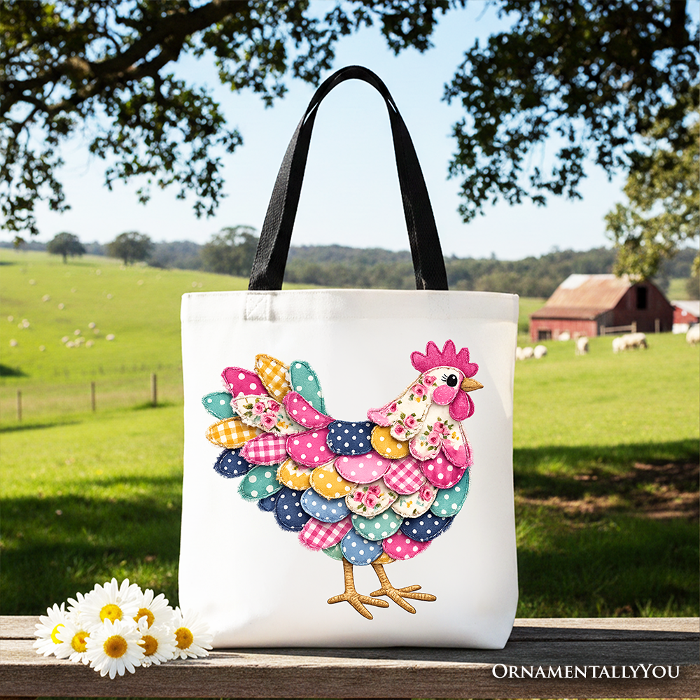 Floral Chicken Printed Faux Patchwork Tote Bag, Coquette Hen Farmhouse Gift Shopper