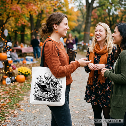 Gothic Reading Skeleton Tote Bag, Floral Halloween Gift Shopper for Spooky Bookworms