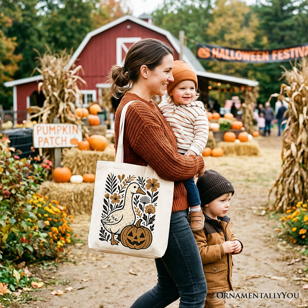 Boho Goose Halloween Pumpkin Tote Bag, Spooky Fall Floral Gift Shopper