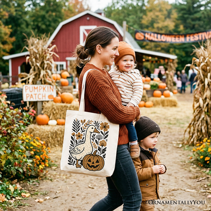 Boho Goose Halloween Pumpkin Tote Bag, Spooky Fall Floral Gift Shopper