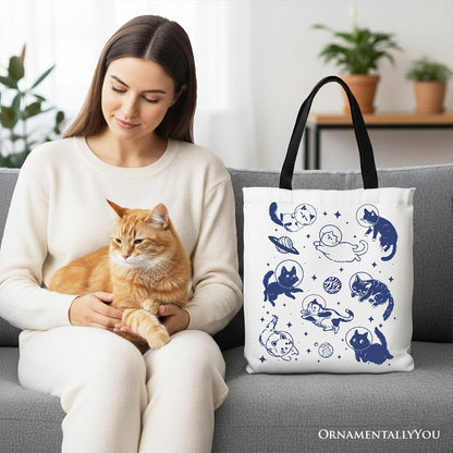 Cats in Space Retro Canvas Tote Bag, Funny Astronaut Kitty Gift Bag with Cosmic Vibes