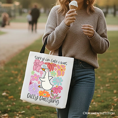 Sorry I'm Late I Was Dilly Dallying Goose Canvas Tote Bag, Cute Flowers Women Gift