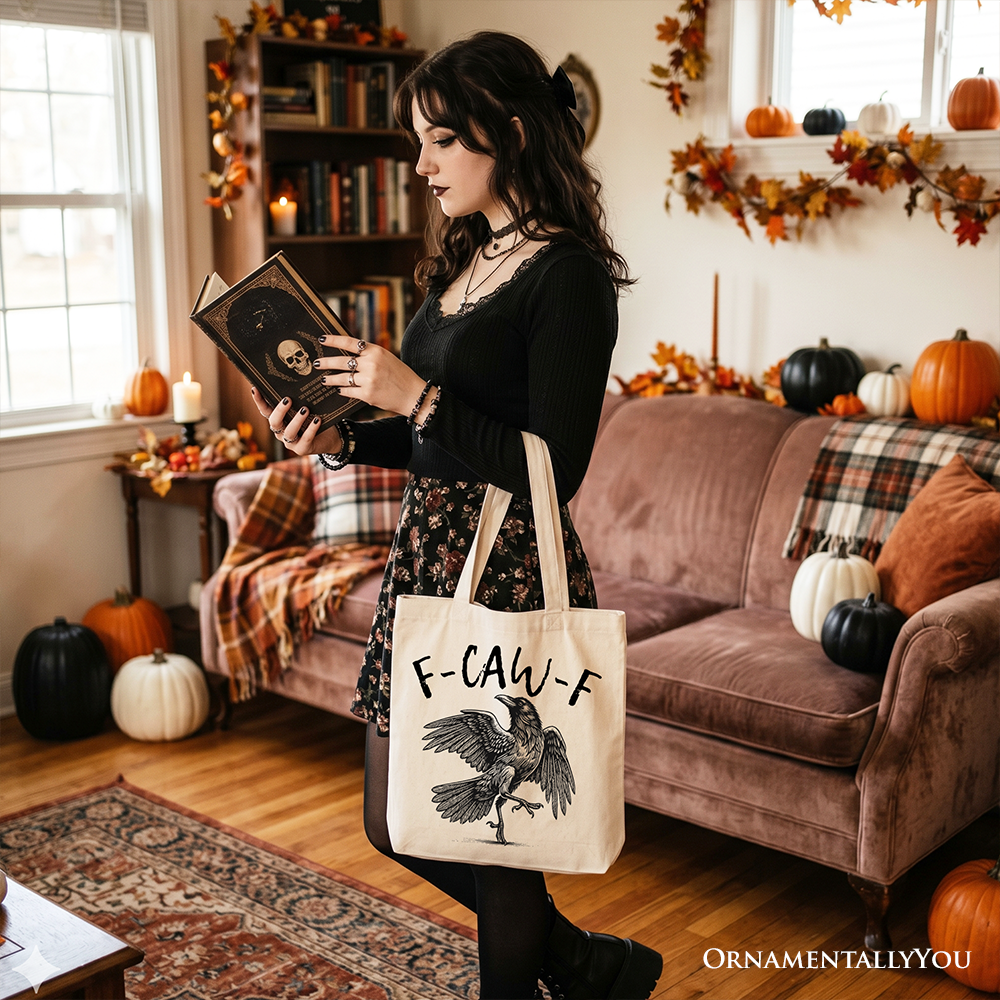 F-CAW-F Gothic Raven Tote Bag, Snarky Halloween Gift Shopper for Sassy Goths and Crow Lovers