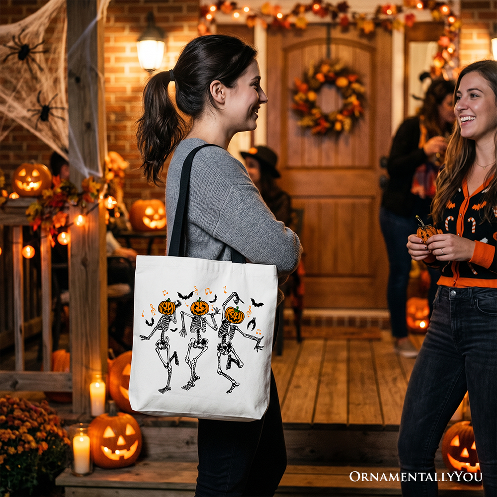 Dancing Skeletons with Pumpkin Head Tote Bag, Dry Bones Come Alive Halloween Fun Gift Shopper