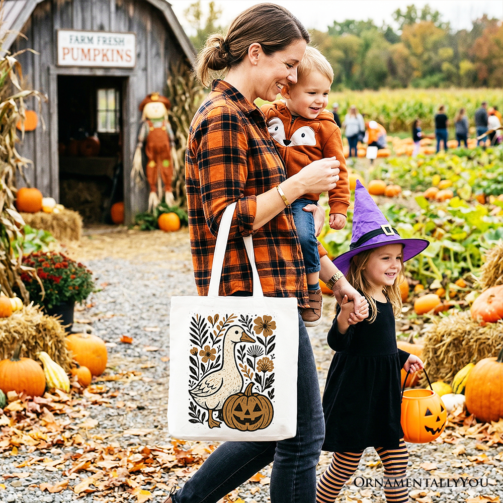 Boho Goose Halloween Pumpkin Tote Bag, Spooky Fall Floral Gift Shopper