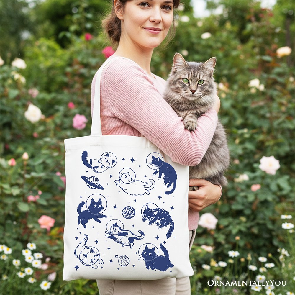 Cats in Space Retro Canvas Tote Bag, Funny Astronaut Kitty Gift Bag with Cosmic Vibes