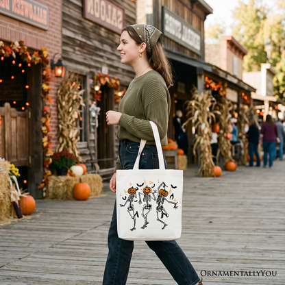 Dancing Skeletons with Pumpkin Head Tote Bag, Dry Bones Come Alive Halloween Fun Gift Shopper